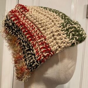 Handmade Crochet Chunky Ribbed Upcycled Multi Fiber Scrappy Yarn Beanie Hat